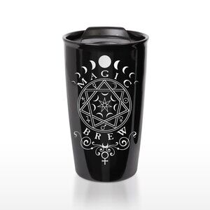 Alchemy Gothic Magic Brew Hot/Cold Black Travel Mug Ceramic Double Wall NIB
